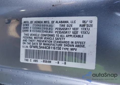 2012 Honda Odyssey Ex from USA, damaged, VIN 5FNRL5H44CB116150